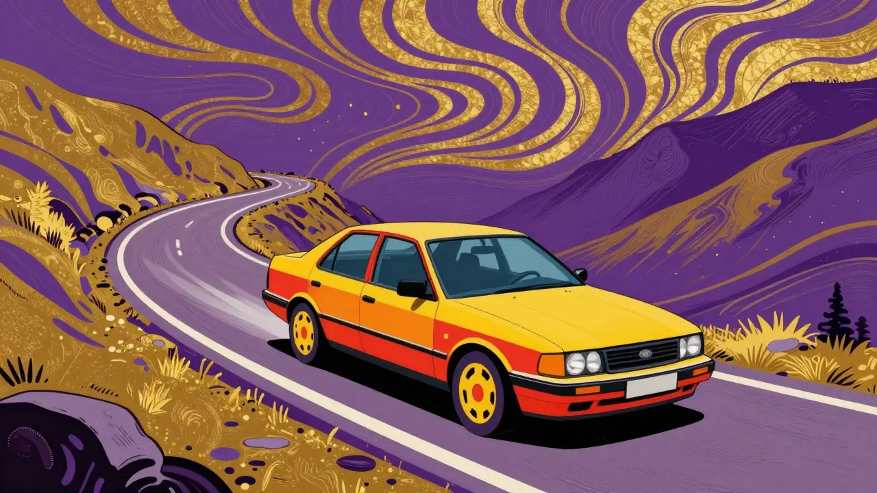 Яркий автомобиль на горном серпантине, иллюстрирующий торможение двигателем