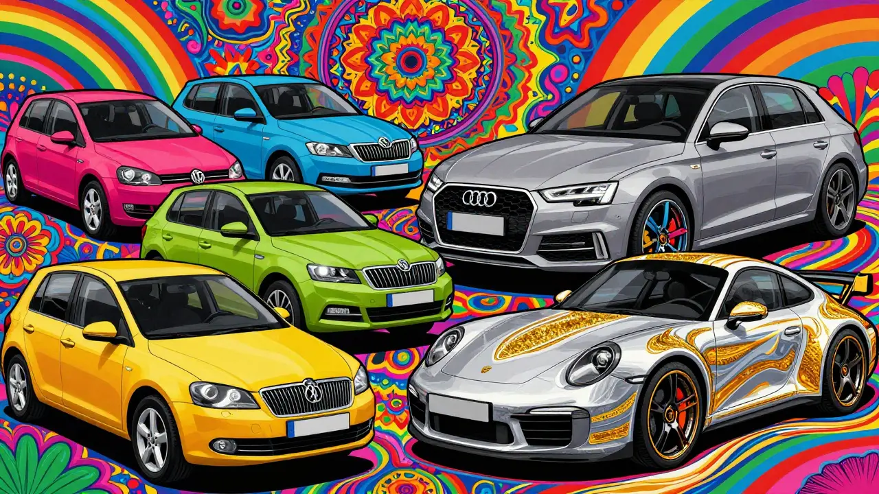 Яркий коллаж автомобилей масс-маркета и премиум-класса в стиле Питера Макса