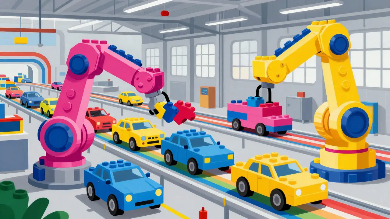 Яркий конвейер, где автомобили собираются из цветных модулей