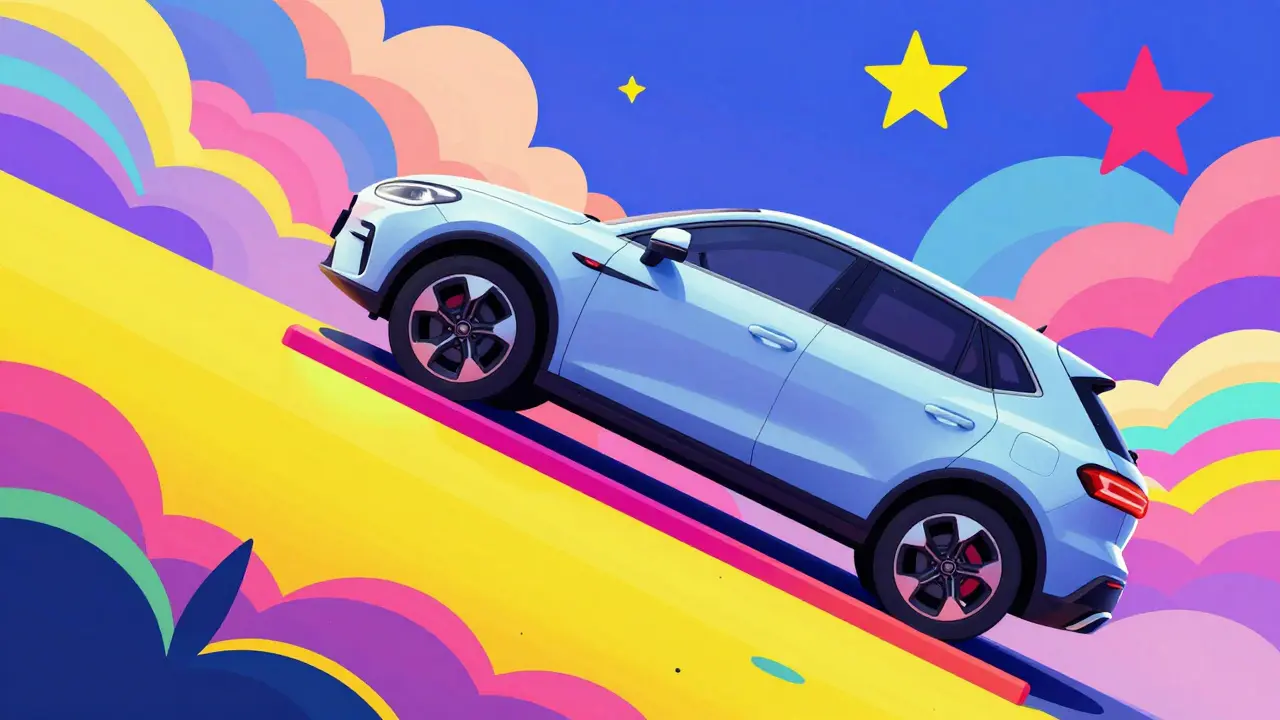 Автомобиль на склоне с повернутыми колесами у бордюра в стиле поп-арт