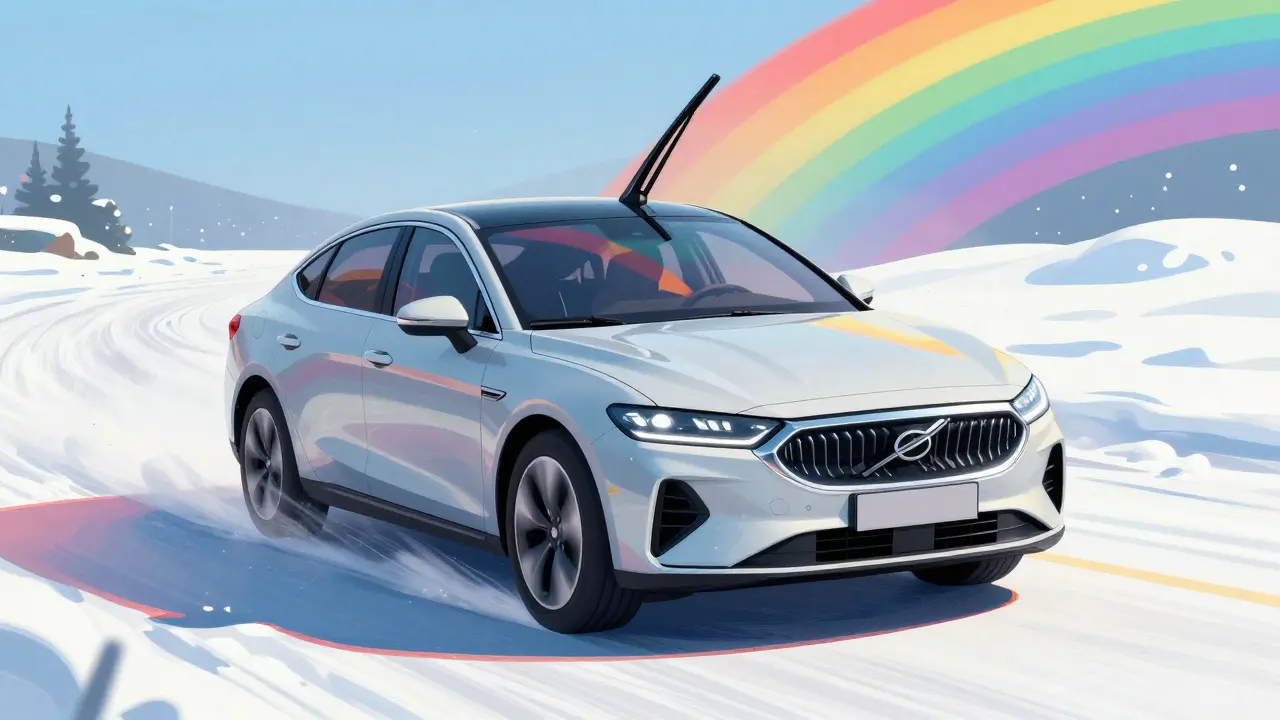 Чистая машина, легко едущая по зимней дороге в психоделическом стиле