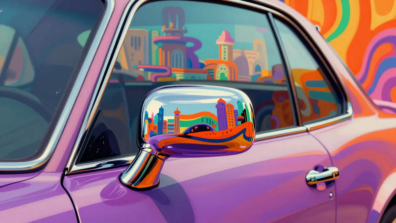 Детали авто с хромированными зеркалами в психоделическом стиле