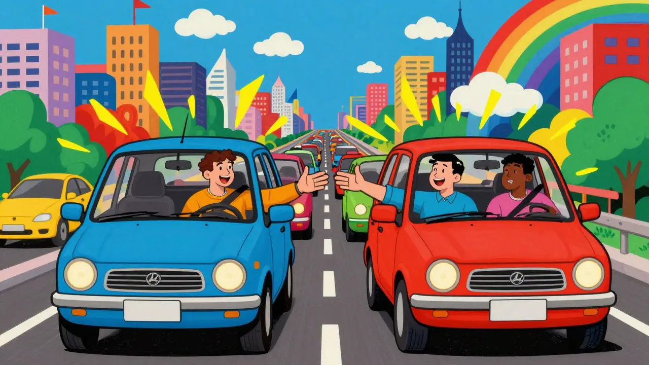 Дружелюбные водители в плотном потоке машин в психоделическом стиле