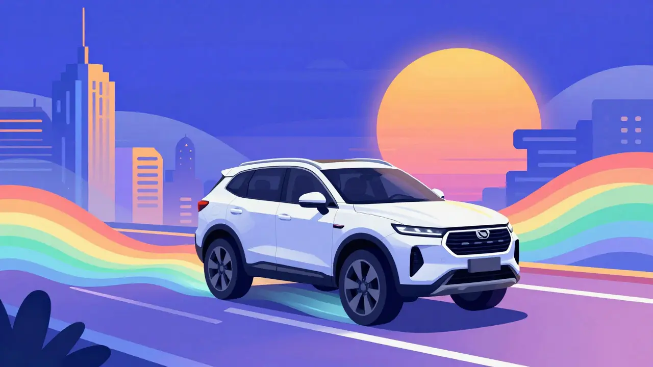 Футуристический кроссовер в разноцветном городе, символизирующий тишину хода