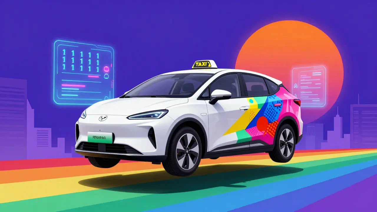 Футуристичное электротакси в стиле поп-арт на фоне цифрового города