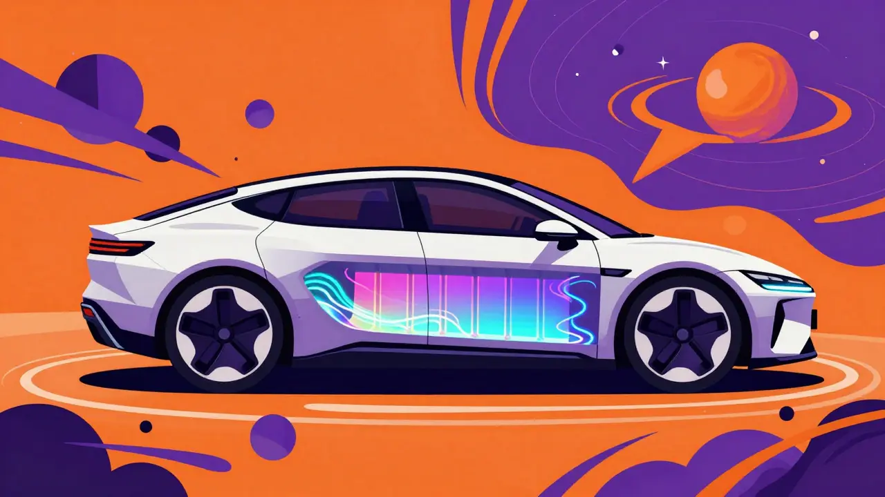 Футуристичный электромобиль с сияющей батареей в psychedelic стиле