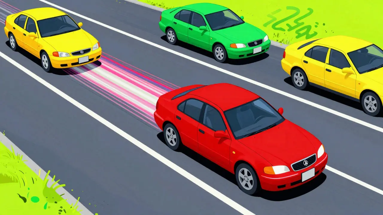 Красный автомобиль плавно перестраивается в поток под углом 45 градусов