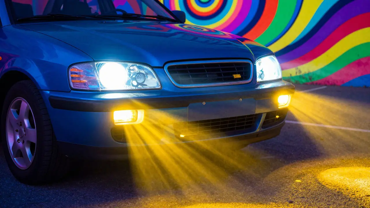Крупный план передних фар и противотуманок автомобиля в психоделическом стиле