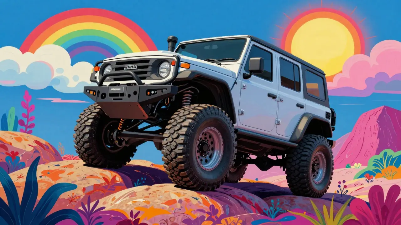 Лифтованный внедорожник на огромных колесах преодолевает камни в стиле Питера Макса