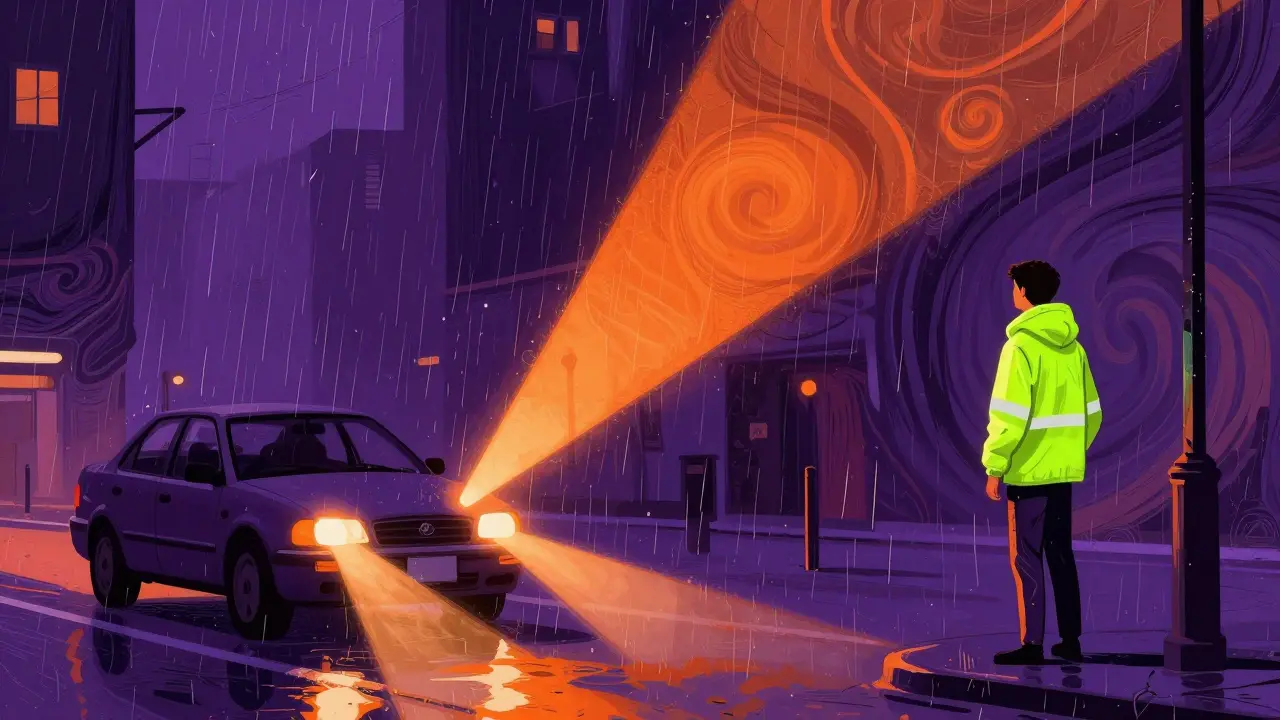 Машина и пешеход в светоотражающем жилете в дождливом городе в стиле Питера Макса