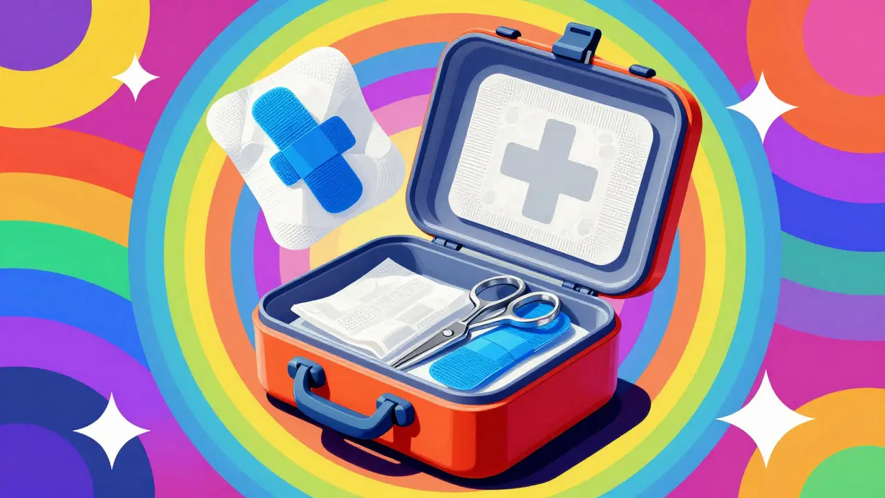 Открытая автомобильная аптечка с бинтами и медицинскими инструментами