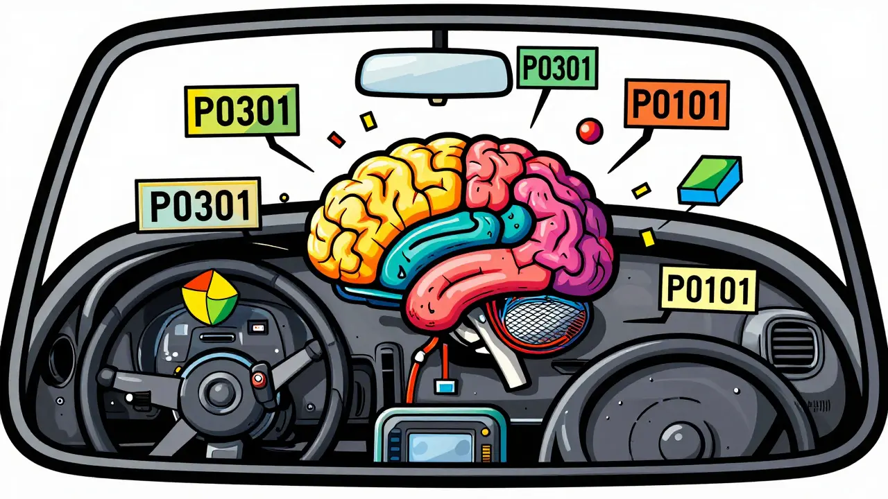 Психоделическая иллюстрация электронного блока управления авто и кодов ошибок