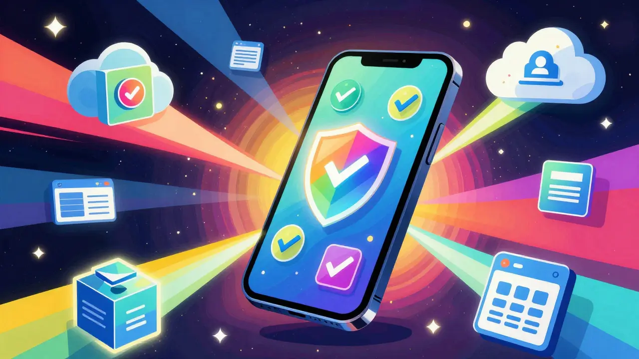 Психоделическое изображение смартфона, соединяющего данные через разноцветные лучи