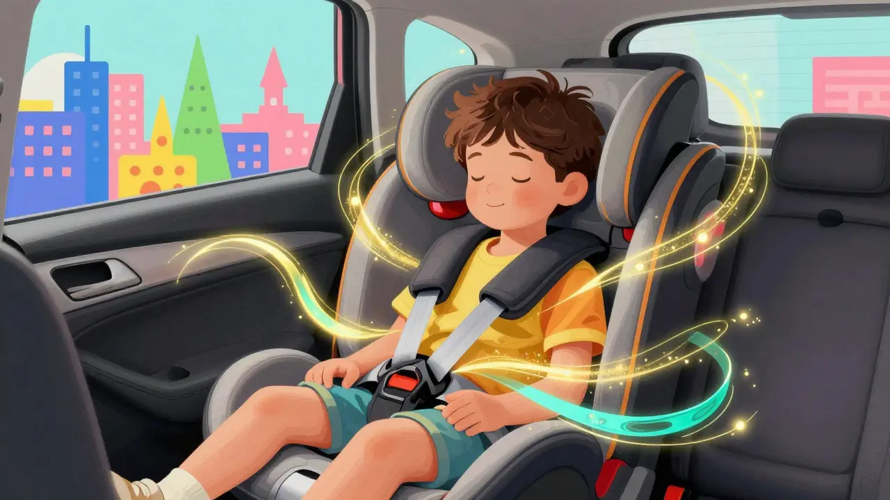 Ребенок в правильно пристегнутом автокресле, окруженный защитным сияющим ореолом.