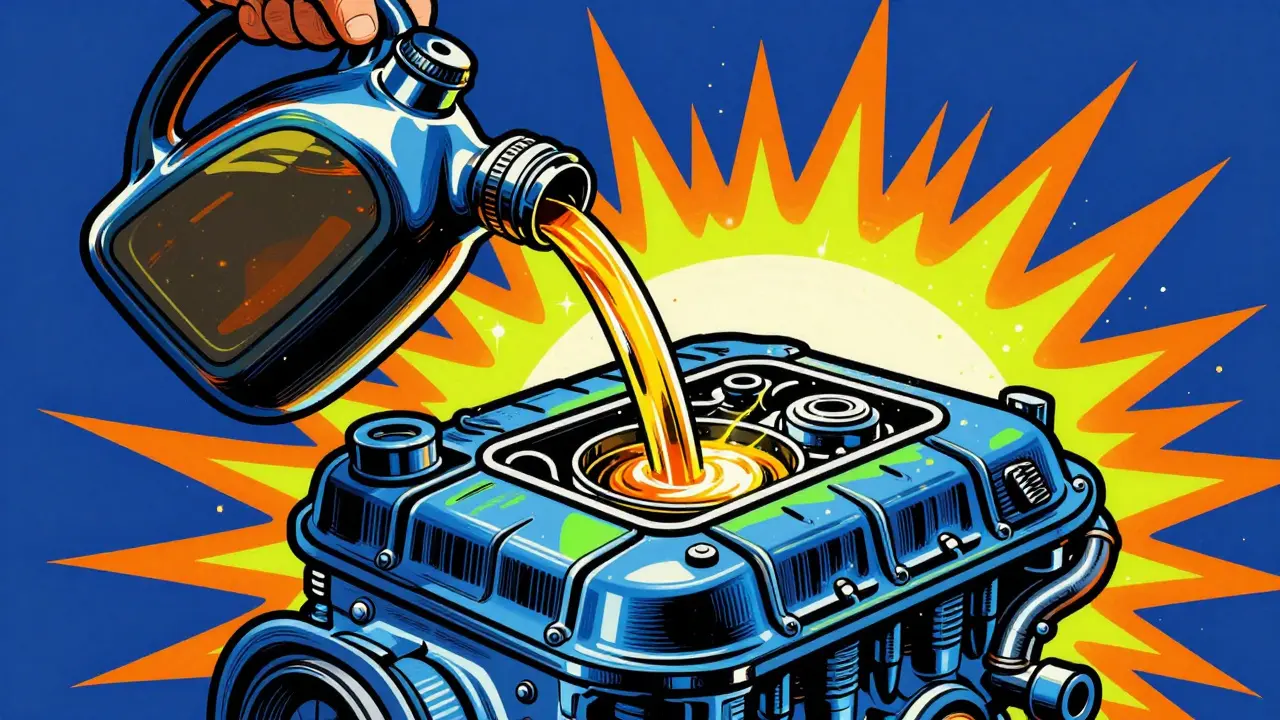 Схематичное изображение заливки свежего золотистого масла в чистый мотор