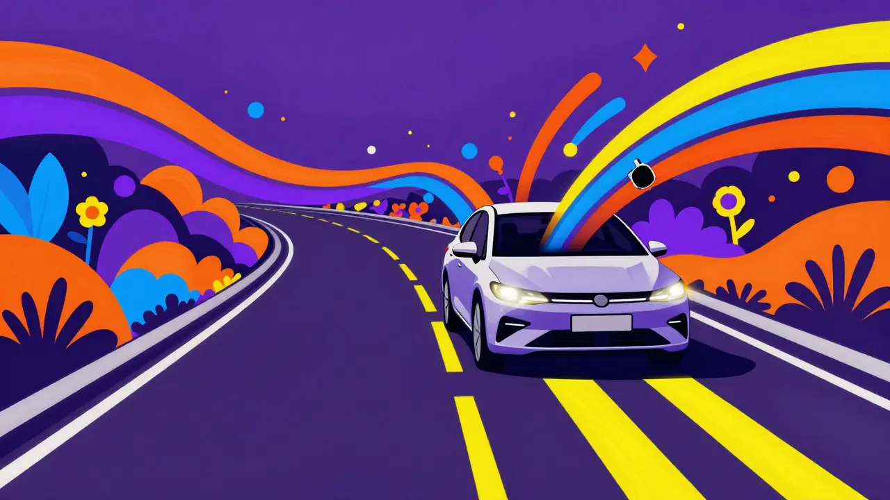 Система удержания полосы на яркой психоделической дороге