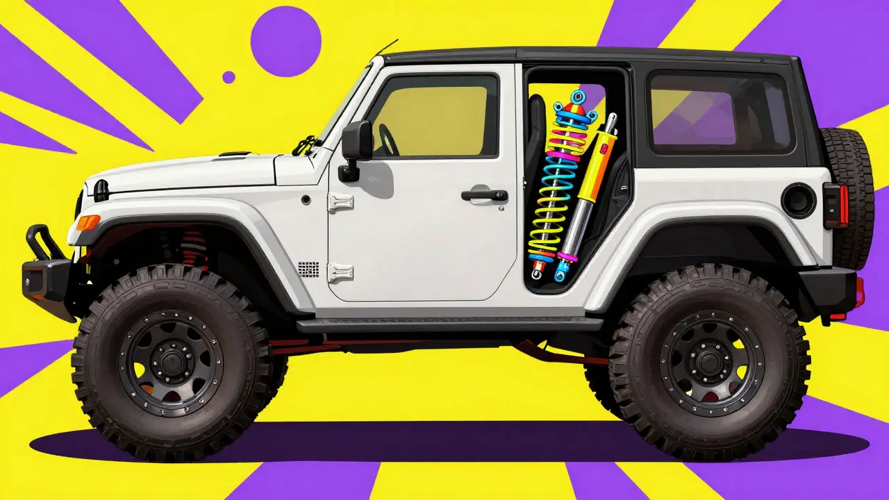 Сравнение стандартной и лифтованной подвески автомобиля в ярком стиле поп-арт