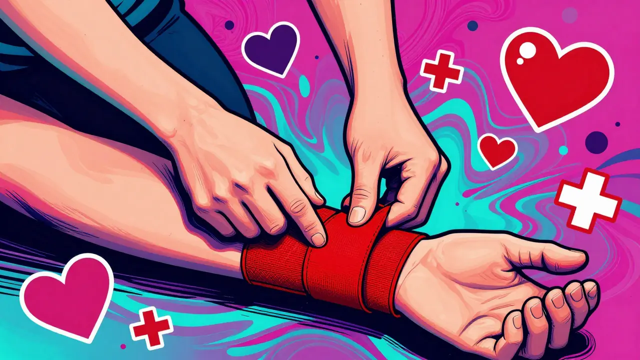 Стилизованное изображение процесса наложения жгута для остановки кровотечения