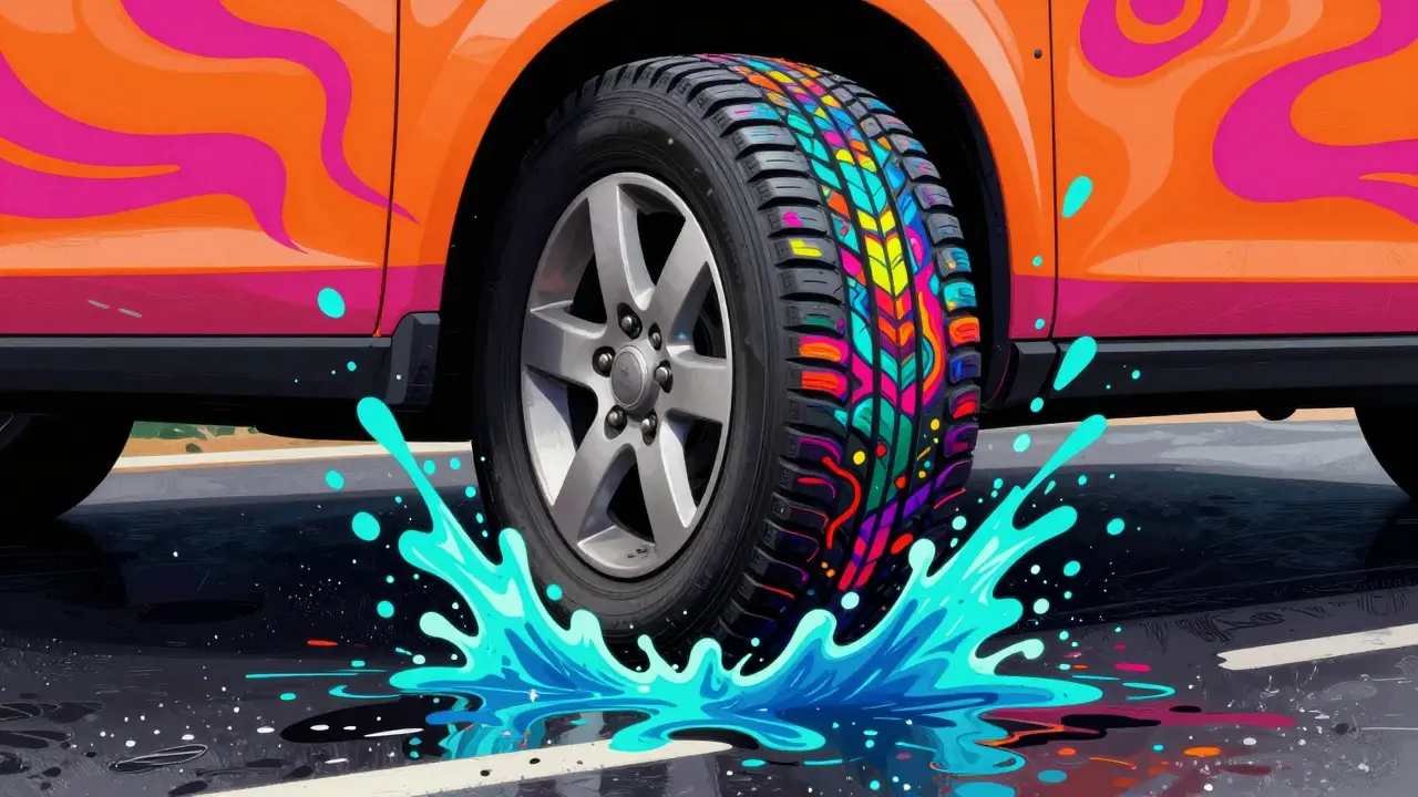 Стилизованное изображение шины на мокром асфальте с яркими брызгами воды