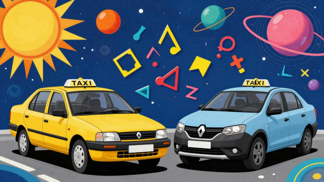 Стилизованные Lada Vesta и Renault Logan в окружении абстрактных цветных форм