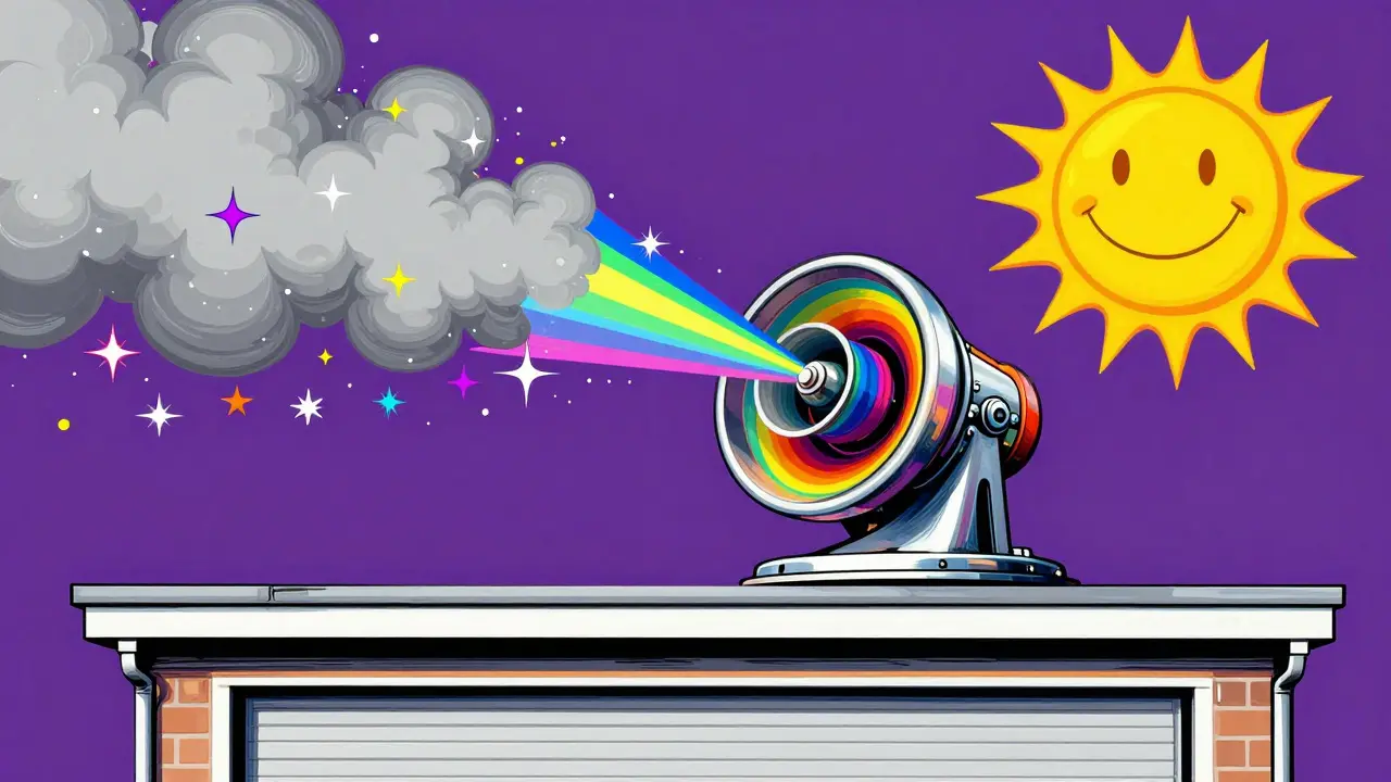 Стилизованный турбодефлектор на крыше гаража, создающий радужный вихрь воздуха