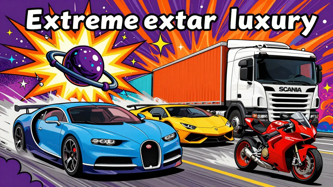 Сюрреалистичное изображение гиперкаров, грузовиков и мотоциклов в стиле Питера Макса