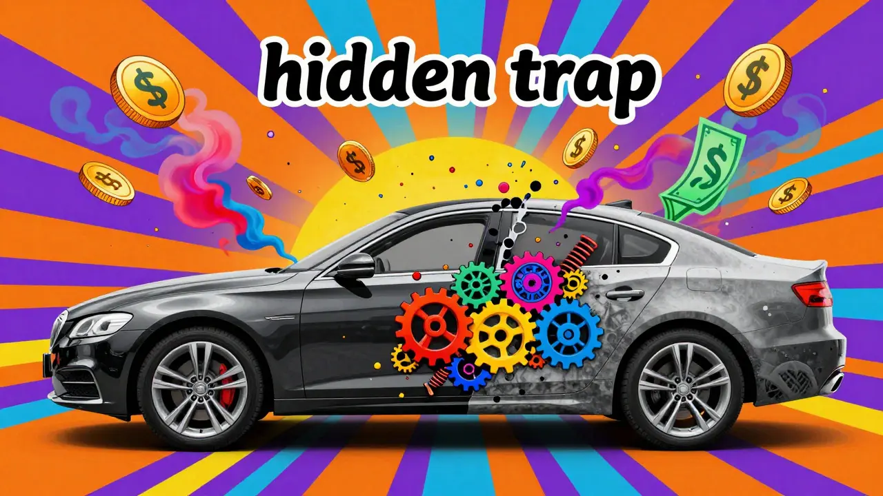 Сюрреалистичное изображение износа автомобиля и потери стоимости в стиле Питера Макса