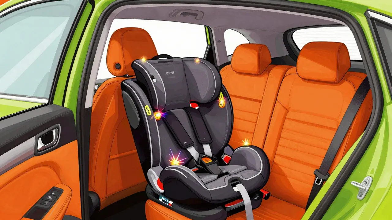 Установка автокресла по центру заднего сиденья с яркими акцентами на креплениях ISOFIX.