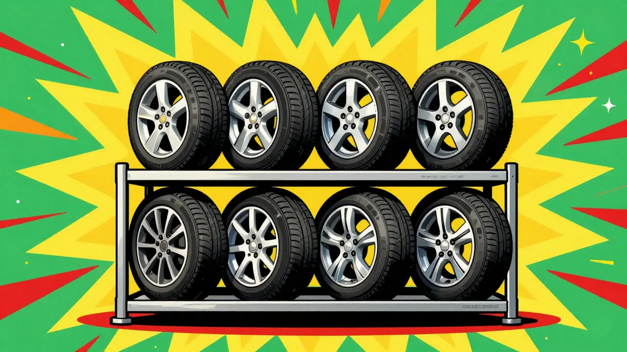 Вертикальное хранение шин на дисках в яркой разноцветной стойке