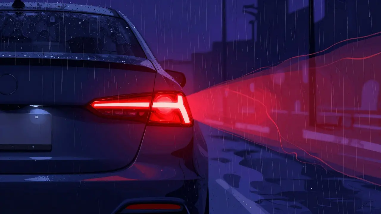 Задний противотуманный фонарь автомобиля, ярко светящий в темноте и дожде