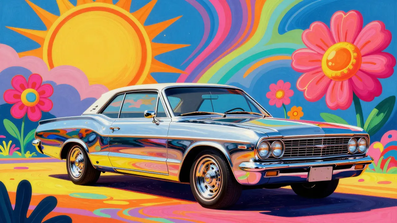 Зеркальный автомобиль в сюрреалистическом пейзаже в стиле поп-арт