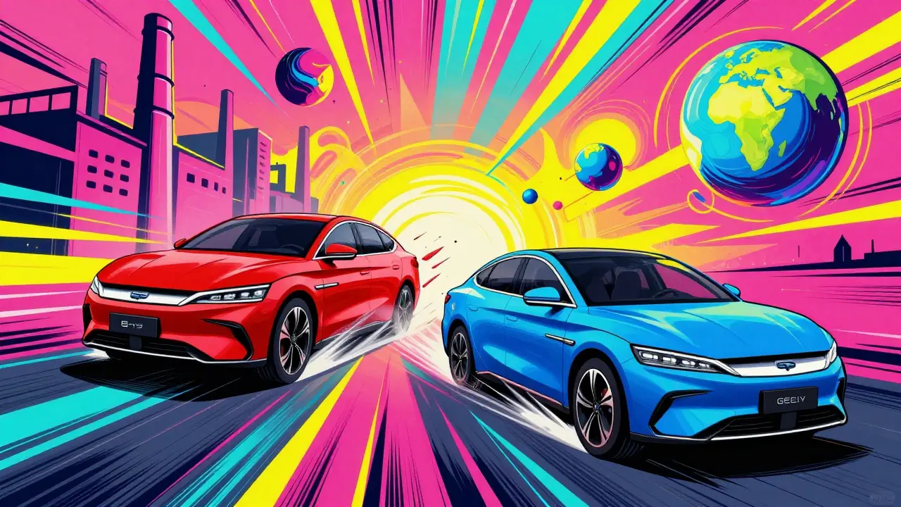 Динамичная картина роста китайских брендов BYD и Geely в психоделическом стиле