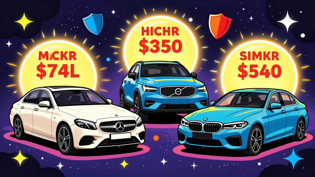 Стилизованные изображения безопасных автомобилей Mercedes и Volvo на космическом фоне