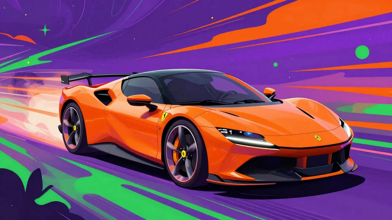 Электрический суперкар Ferrari Elettrica в ярком абстрактном иллюстративном стиле