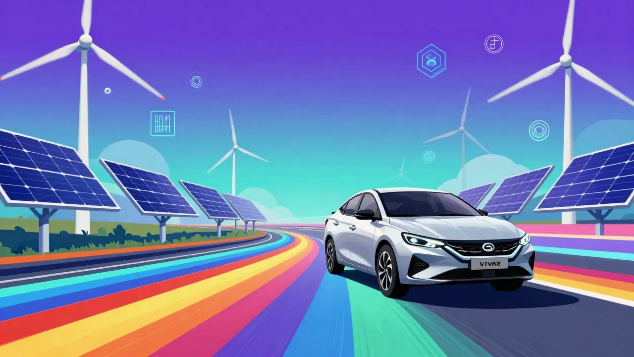 Яркая картина в стиле Питера Макса с современной Lada Vesta на радужной дороге к будущему