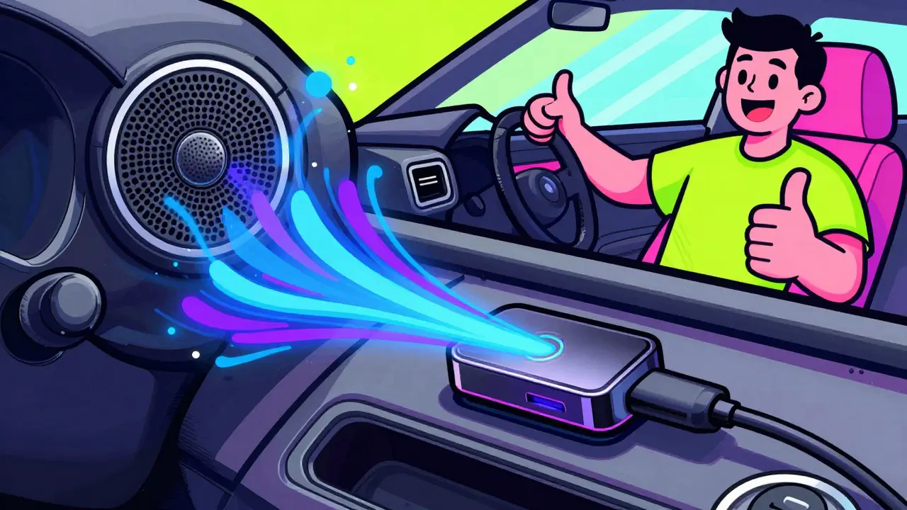 Bluetooth-адаптер подключен к машине, излучая цветные звуковые волны