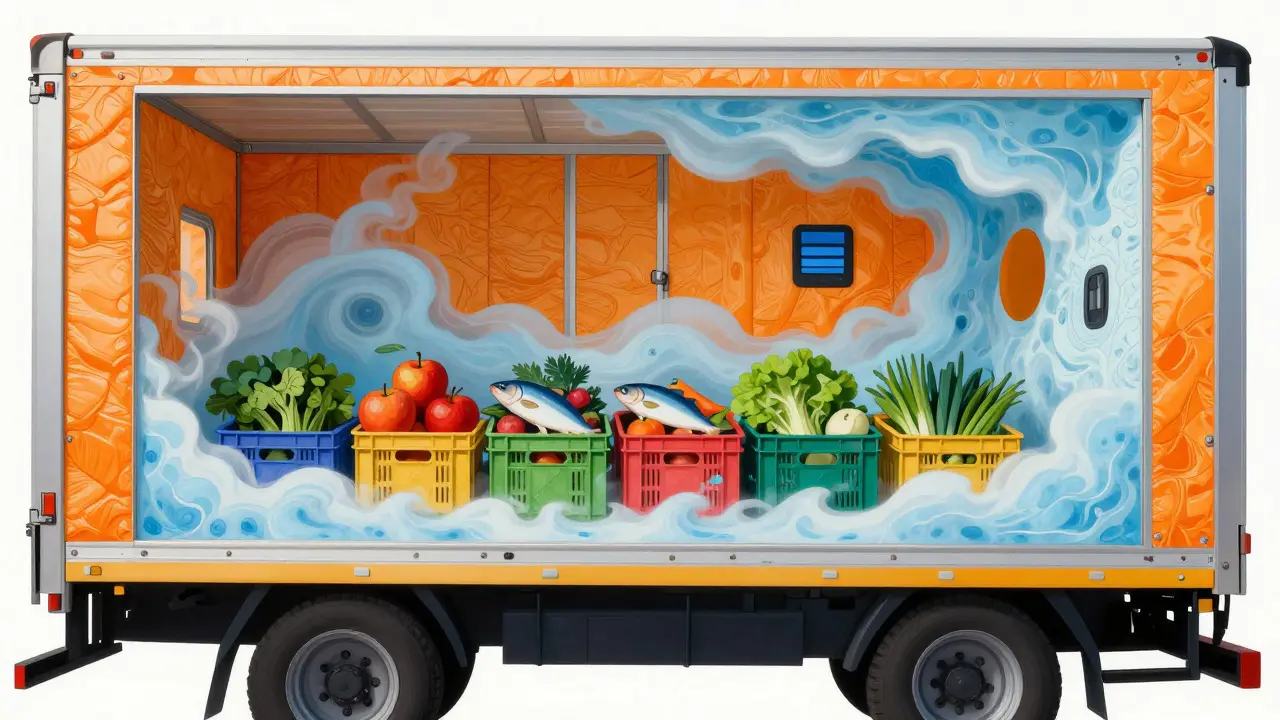 Схема кузова рефрижератора с продукцией и изоляцией в ярком стиле