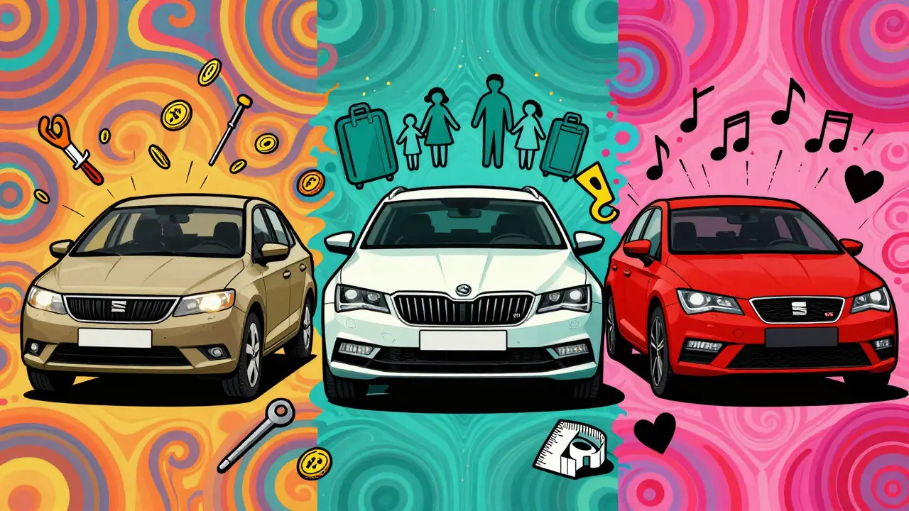 Три типа машин: Dacia, Skoda и Seat в ярком психоделическом стиле