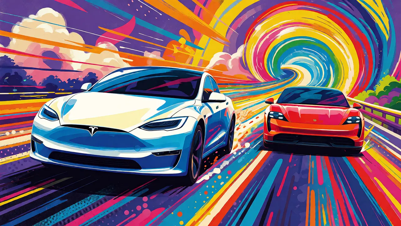 Динамичная иллюстрация гонок Tesla и Porsche с использованием ярких цветовых градиентов