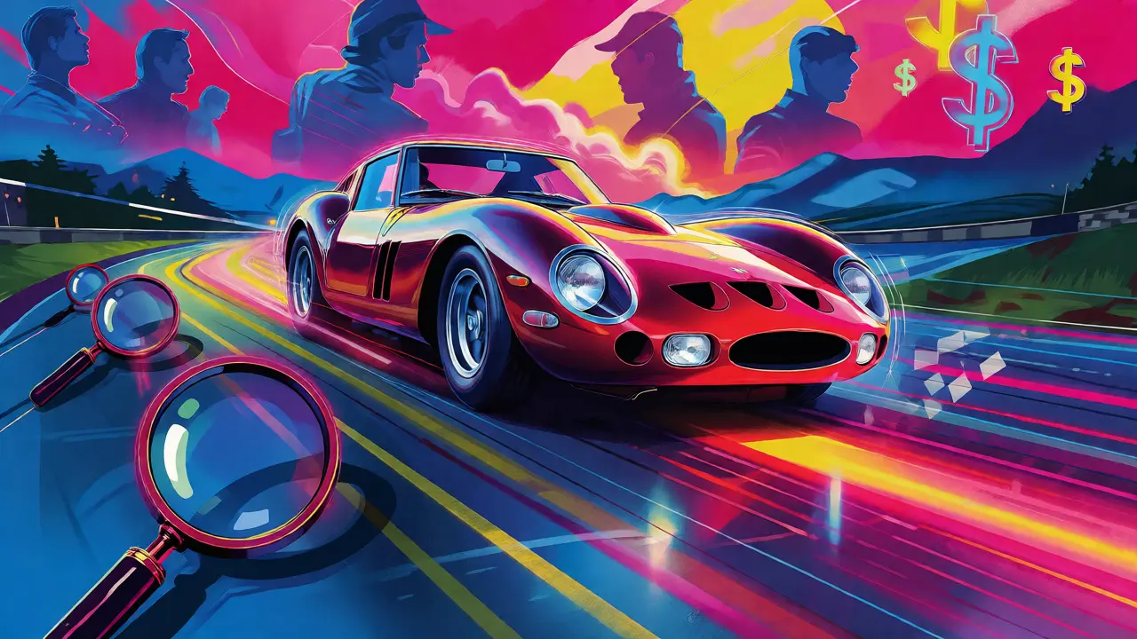 Ferrari 250 GTO в динамичной сцене гонки и проверки подлинности в ярком стиле